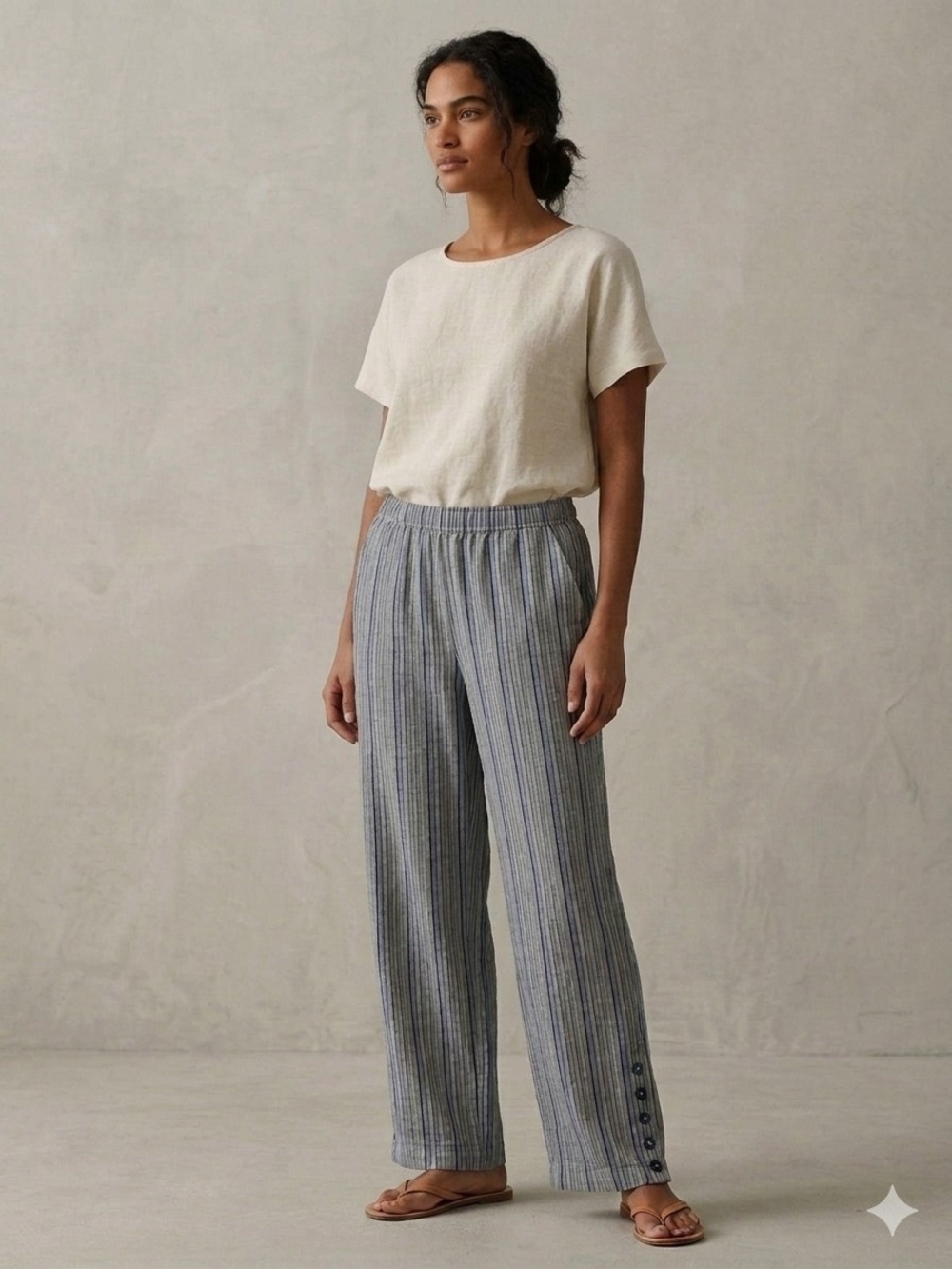 Sharon Young Blue Striped Wide-Leg Linen-Blend Pants Medium
